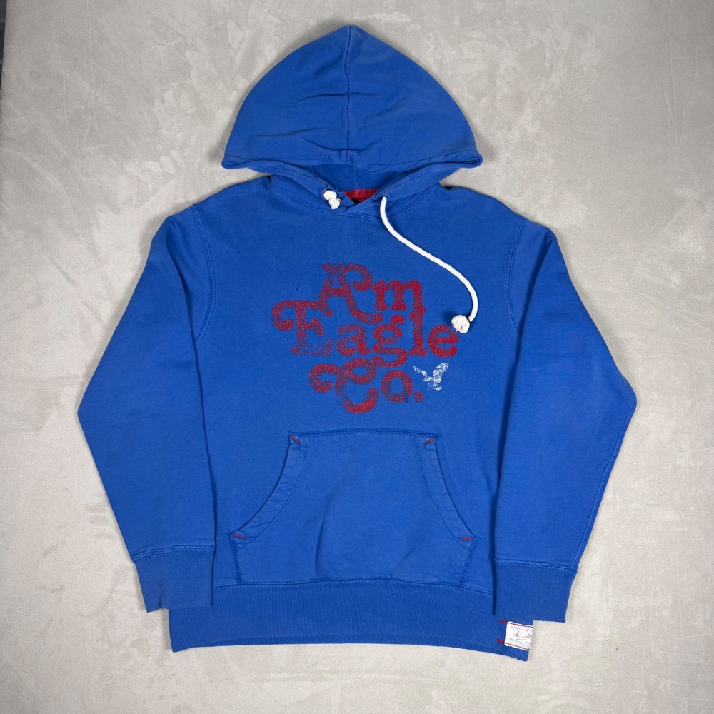 Y2K Mens American Eagle Graphic Pullover Hoodie Blue Streetwear Small